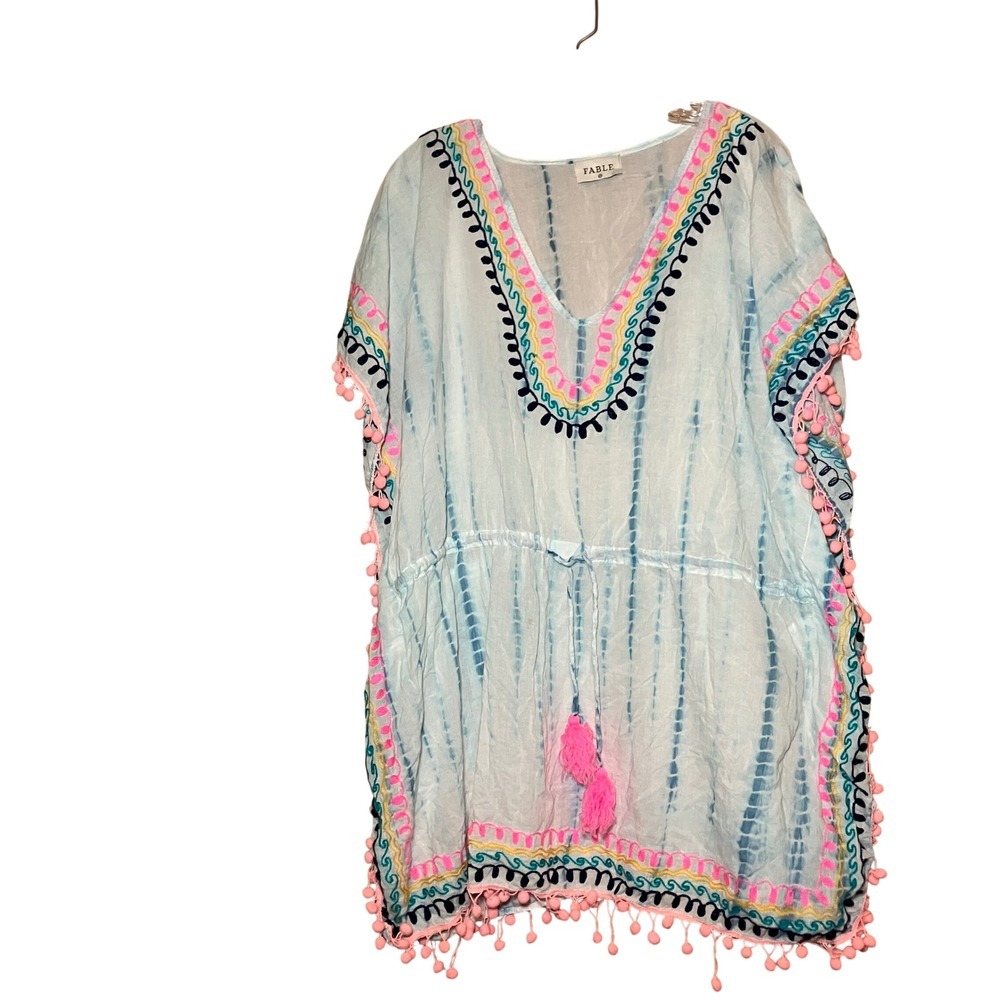 Fable Kaftan Swim Cover Up Womens S/M Blue Tie Dye Embroidered Pom Pom Boho